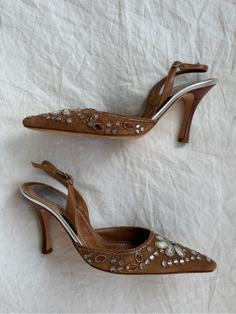 Vintage Rene Caovilla Crystal Rhinestone Suede Pointy Toe Heels Tan Silver - Picture 6 of 11